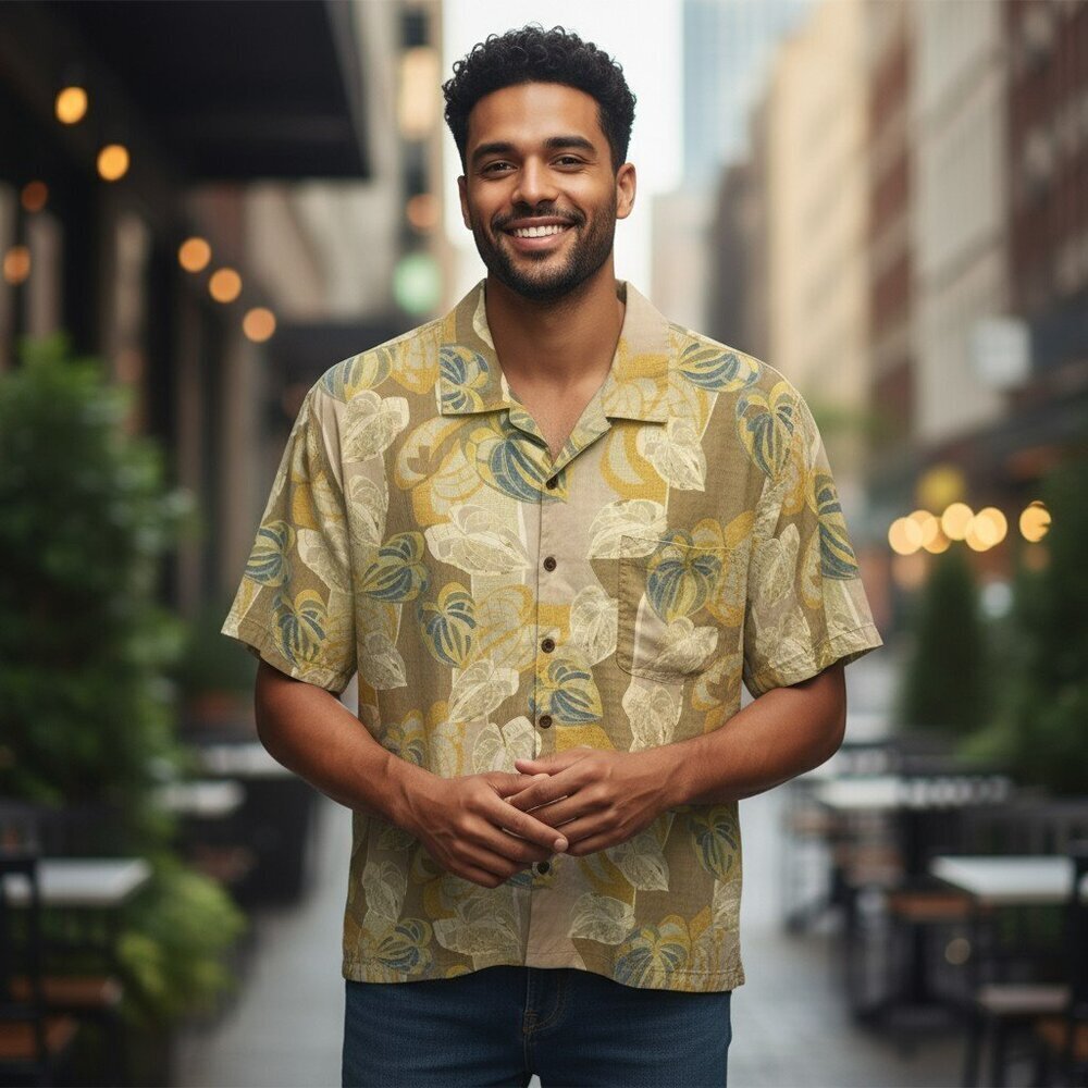 Tommy Bahama Mens Large Yellow Tropical Short Sleeve Hawaiian Silk Shirt L